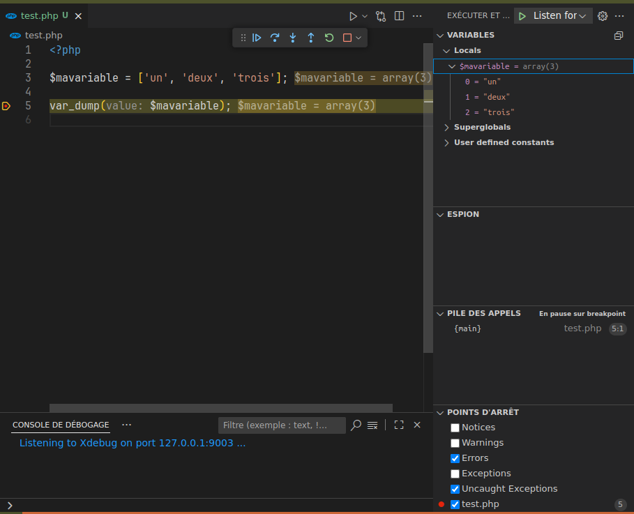 Capture d'écran de déboguage pas à pas avec Vscode et PHP